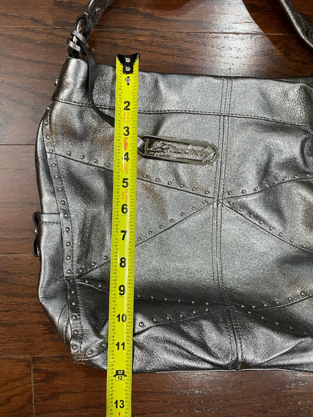 B.Makowsky Pewter Leather Large Tote Studded Purse Bag Animal Print Inside